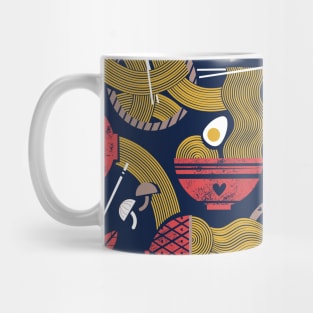 Noodles connection // pattern // midnight blue background teal and red bowls yellow pasta Mug